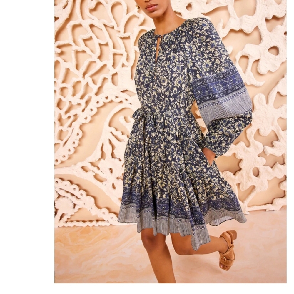Ulla Johnson Blue and White Ruffled Tiered Long Sleeve Dress